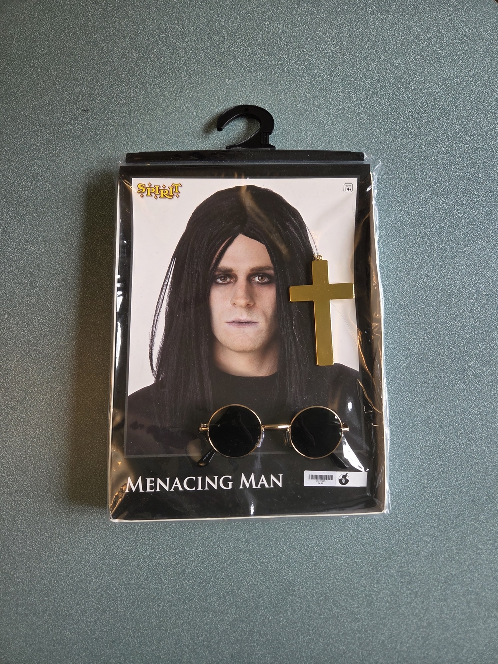 Ozzy Start Up Costume Set-Black Wig, Black Sunglasses, and Gold Cross